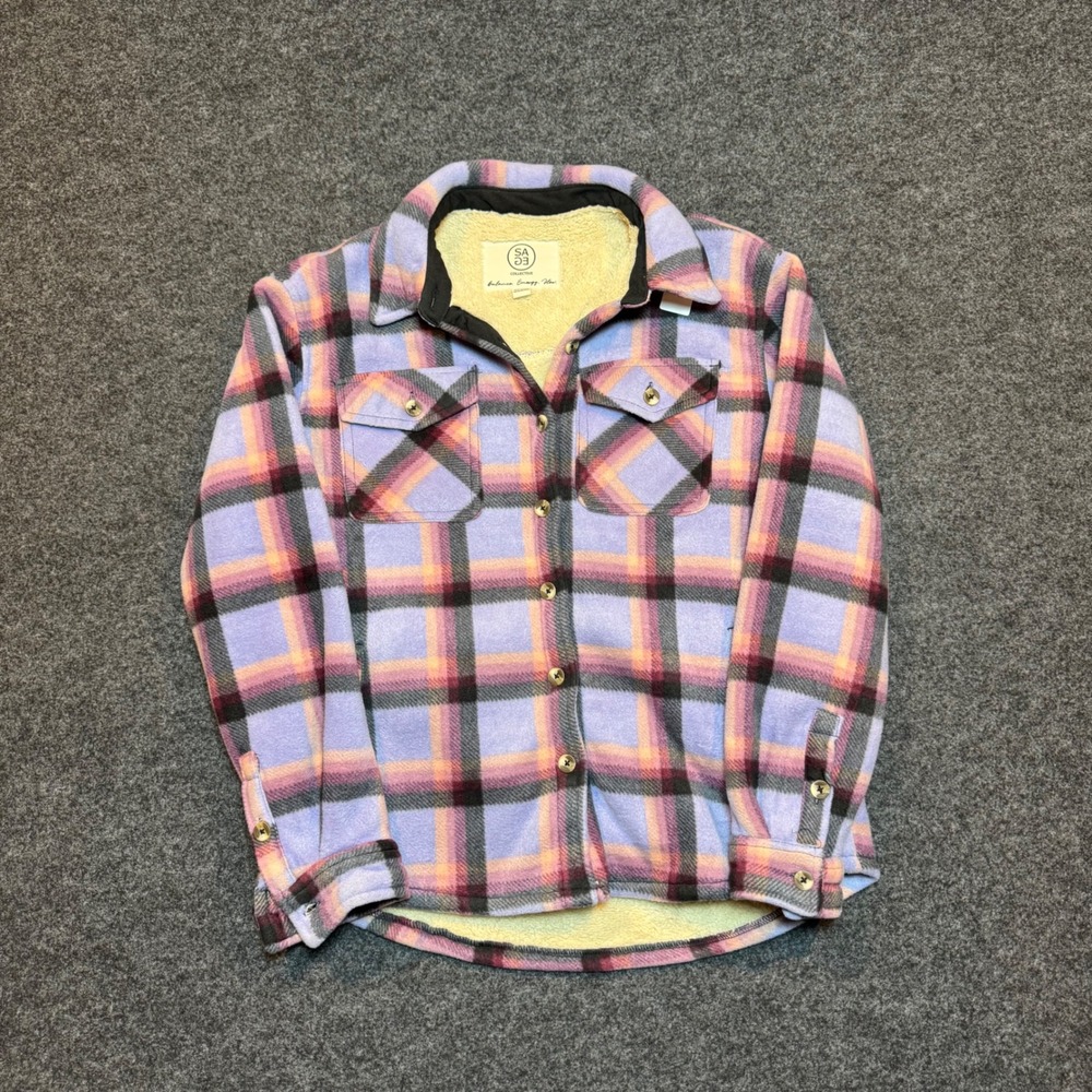 Sage Collective Purple Plaid Sherpa Lined Fleece Shacket Jacket Small